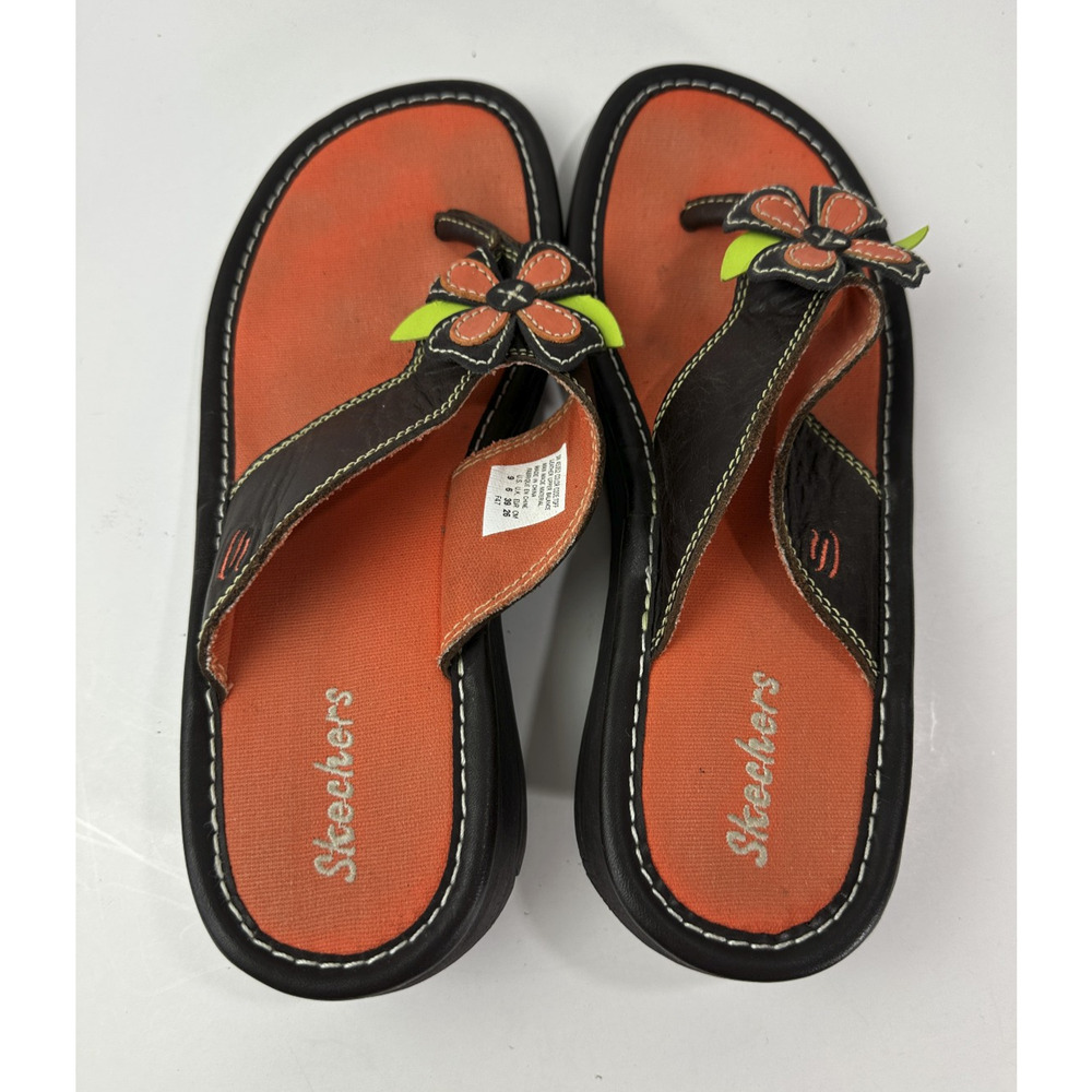Skechers Y2K Style Flower Flip Flop Sandals Leather Size 9 Hippie Boho Festival - Picture 12 of 14